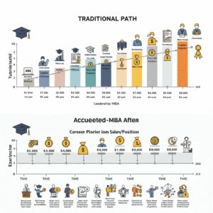 Timeline comparison showing 3-year traditional degree versus 1-year online top-up degree career progression to MBA success