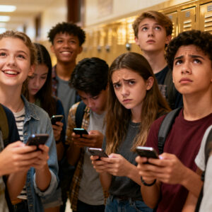 Group of diverse students checking exam results on their phones, with mixed reactions—some relieved, others disappointed—capturing real emotional tension around borderline grades