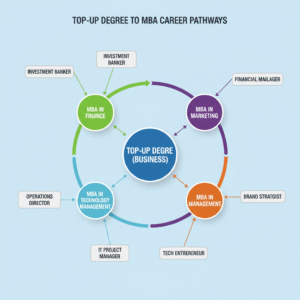 Network diagram connecting 1 year top up degree UK online to various MBA specializations and career outcomes pathways
