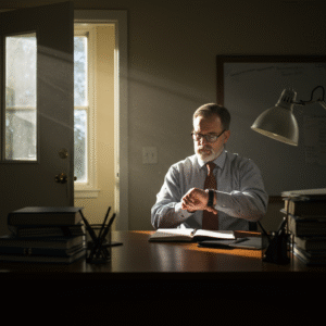 A professor waits alone during office hours, sitting by an open door and glancing at their watch, emphasizing how rarely students use this academic resource