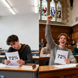 Split-screen comparison: in a US classroom, a disappointed student holds a paper marked “72%,” while in a UK lecture hall, another student cheers while holding a paper with the same mark—illustrating cultural grading differences