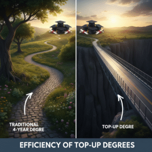 1-year top-up degree pathway bridge leading to MBA graduation cap showing educational shortcut versus traditional route