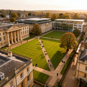 Aerial view best campus universities UK with students walking across green lawns
