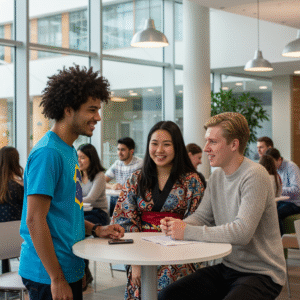 International students socializing in campus café best campus universities UK 2025