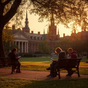 Students studying outdoors at best campus universities UK during golden hour with historic buildings