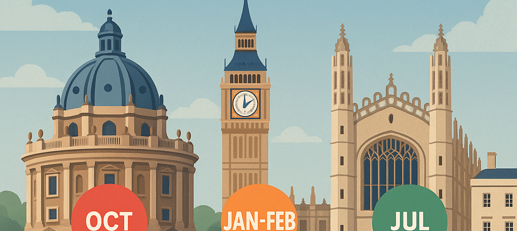 Infographic titled 'Navigate Your Path to Success' showing a UK university application timeline with key milestones—Application Deadlines (October), Interviews (January–February), and Graduation (July)—highlighted along a horizontal timeline. Background features iconic UK university buildings, including the Radcliffe Camera, Big Ben, and King’s College Chapel.