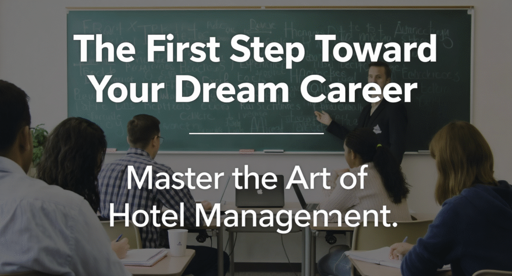 Description: A classroom scene with students actively engaging with hotel management course materials (books, laptops, etc.), with a chalkboard or digital screen displaying key hospitality terms. Overlay Text: Top: "The First Step Toward Your Dream Career" Bottom: "Master the Art of Hotel Management" Visual Style: A modern classroom, featuring diverse students to represent inclusivity in the field of hotel management.