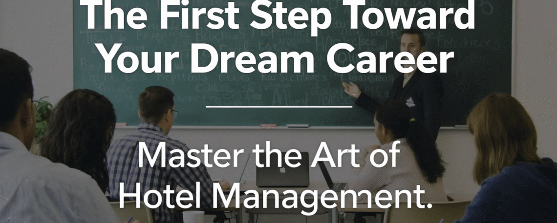 Description: A classroom scene with students actively engaging with hotel management course materials (books, laptops, etc.), with a chalkboard or digital screen displaying key hospitality terms. Overlay Text: Top: "The First Step Toward Your Dream Career" Bottom: "Master the Art of Hotel Management" Visual Style: A modern classroom, featuring diverse students to represent inclusivity in the field of hotel management.
