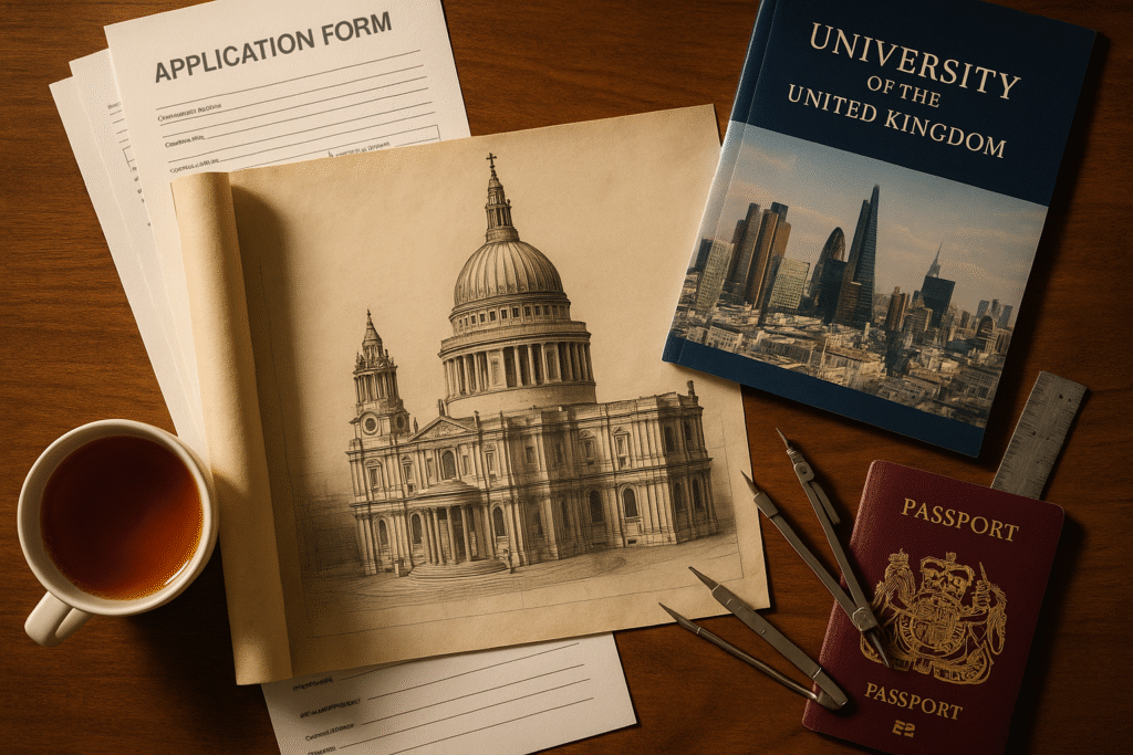 Architectural blueprint of British building on wooden desk with UK university applications, compass, ruler, tea cup and passport showing the journey to study architecture in UK