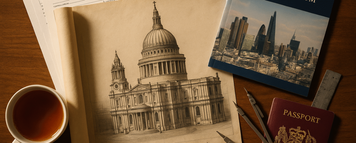 Architectural blueprint of British building on wooden desk with UK university applications, compass, ruler, tea cup and passport showing the journey to study architecture in UK