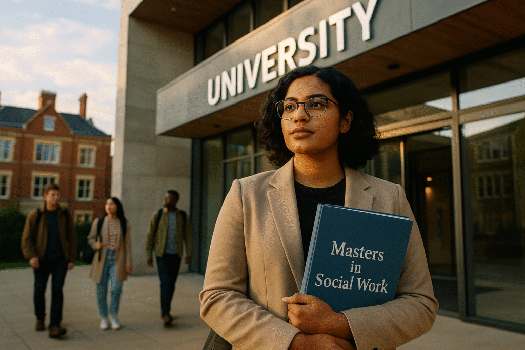 Confident international student holding social work materials at UK university entrance, representing the journey toward masters in social work UK qualification and professional transformation