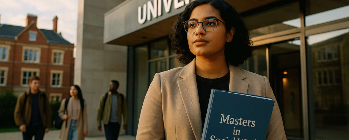 Confident international student holding social work materials at UK university entrance, representing the journey toward masters in social work UK qualification and professional transformation
