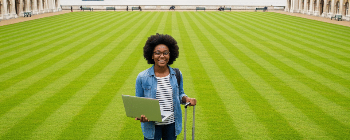 International student sitting with laptop and suitcase in front of the Old Royal Naval College at University of Greenwich London, symbolizing study abroad aspirations and the university's historic yet modern campus