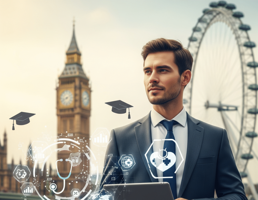 A confident young professional in a business suit holding a tablet with a university logo, set against a blurred background of London's Big Ben and the London Eye. Floating in the foreground are subtle, glowing icons of graduation caps and health symbols like a stethoscope, suggesting a future in global health and education