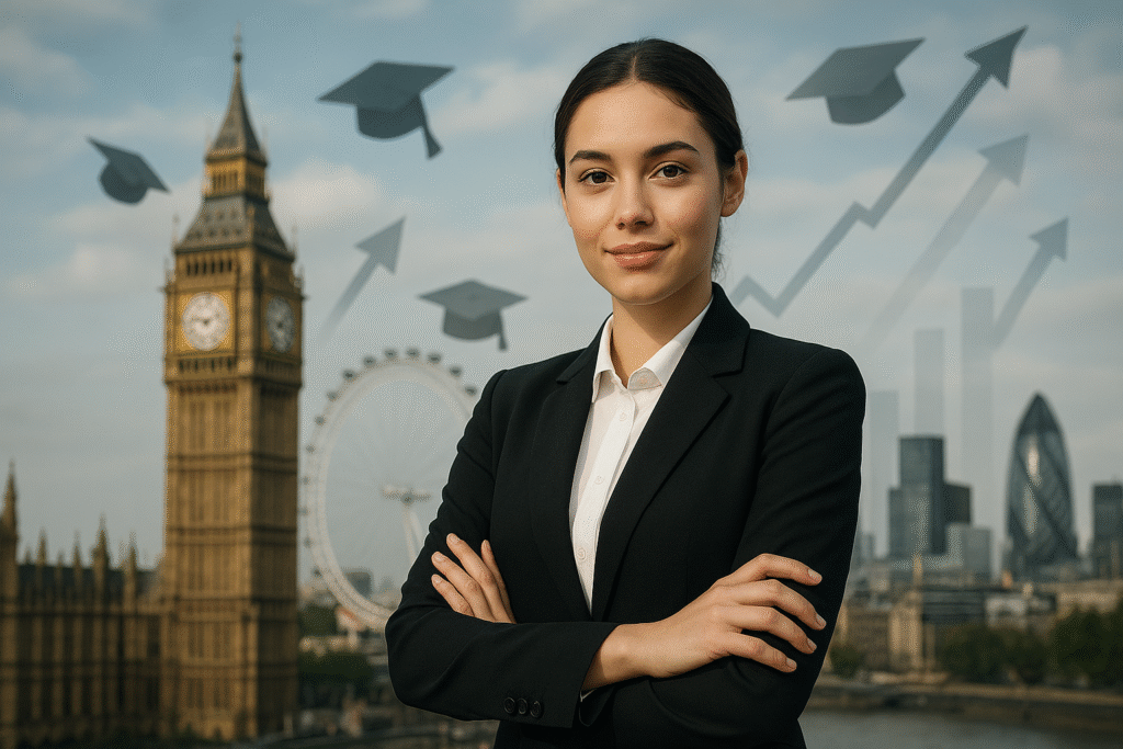 Successful Masters in Management graduate celebrating career achievement with iconic London landmarks and financial district in background representing UK business education opportunities