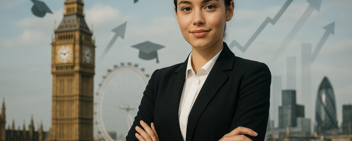Successful Masters in Management graduate celebrating career achievement with iconic London landmarks and financial district in background representing UK business education opportunities