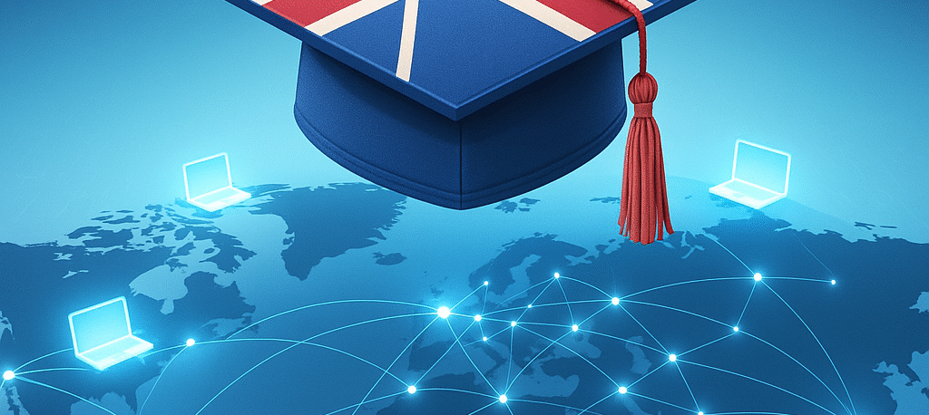 Digital graduation cap with Union Jack colors floating over world map with connection lines, representing global access to online UK undergraduate degrees