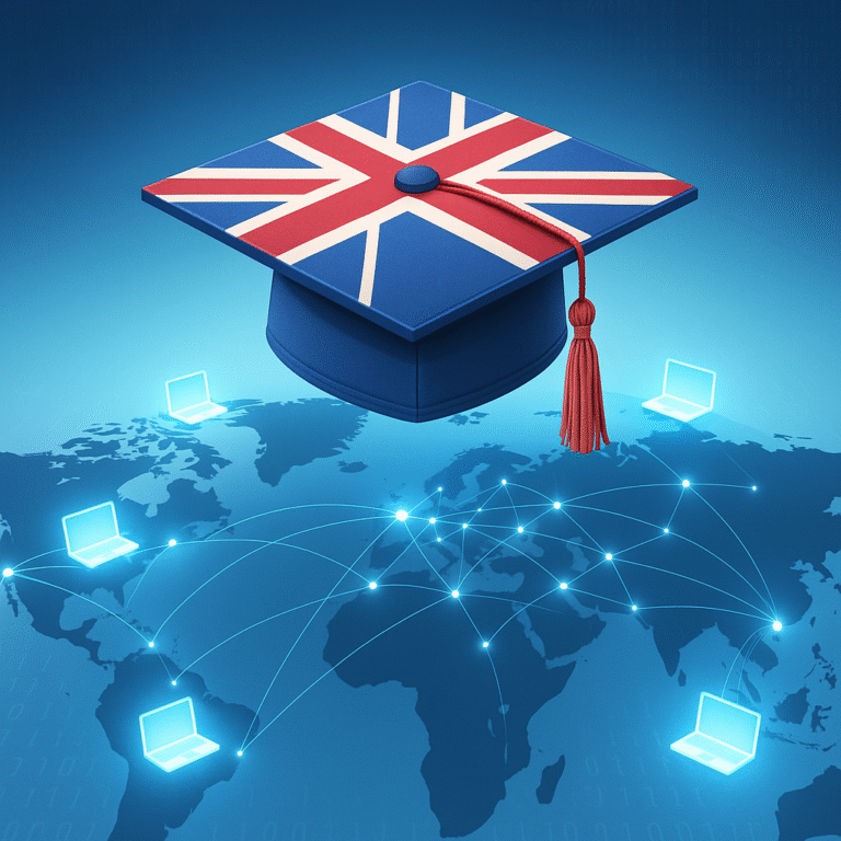 Digital graduation cap with Union Jack colors floating over world map with connection lines, representing global access to online UK undergraduate degrees