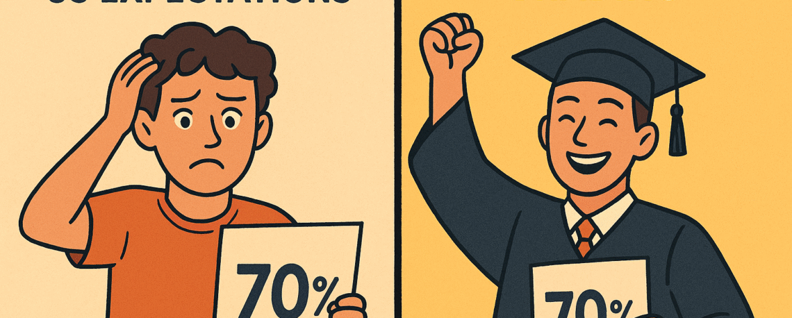 Split graphic showing the same “70%” grade with two contrasting reactions: on the left, a disappointed student looking at the paper, and on the right, a smiling UK student in a graduation gown celebrating—illustrating how 70% is viewed as exceptional in UK university grading