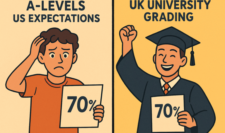 Split graphic showing the same “70%” grade with two contrasting reactions: on the left, a disappointed student looking at the paper, and on the right, a smiling UK student in a graduation gown celebrating—illustrating how 70% is viewed as exceptional in UK university grading