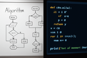 Split image showing algorithm diagrams on whiteboard next to computer screen displaying implemented code, illustrating connection between theoretical computer science education and practical programming 