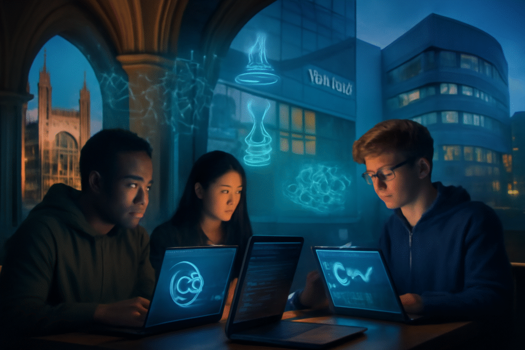 Students studying computer science at top UK universities with code on laptops, featuring Cambridge, Imperial and Edinburgh campus architecture
