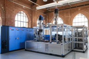Modern engineering laboratory equipment inside Victorian red brick building at University of Manchester, showing blend of historical architecture and contemporary STEM research facilities