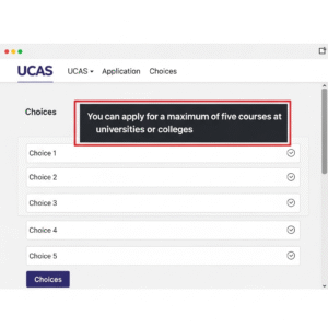 UCAS application interface showing five university choice limit for UK university applications with annotation highlights