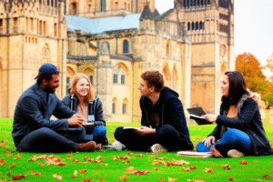 Students studying and relaxing on grass in front of Durham Cathedral on autumn day showing typical UK university campus life