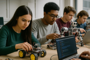Imperial College London engineering students working on advanced robotics projects with computer screens displaying code, demonstrating specialized STEM education at UK's top technical universities