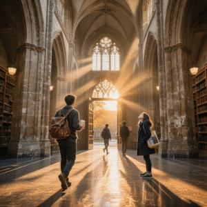 Cambridge University students entering historic Gothic library during late afternoon golden hour, carrying backpacks and coffee cups, illustrating daily academic life at UK's top universities