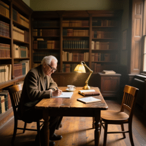 Oxford or Cambridge tutorial room with two chairs facing each other across small table surrounded by floor-to-ceiling books, professor reviewing notes, illustrating Oxbridge interview atmosphere