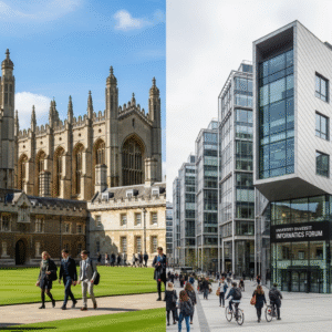 Comparison collage of top UK computer science university campuses showing Cambridge historic architecture, Imperial College London modern buildings, and Edinburgh Informatics Forum contemporary design