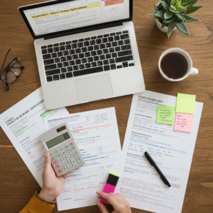 Overhead view of scholarship application materials for UK university computer science programs including laptop with forms, highlighted documents, calculator, and handwritten deadline notes