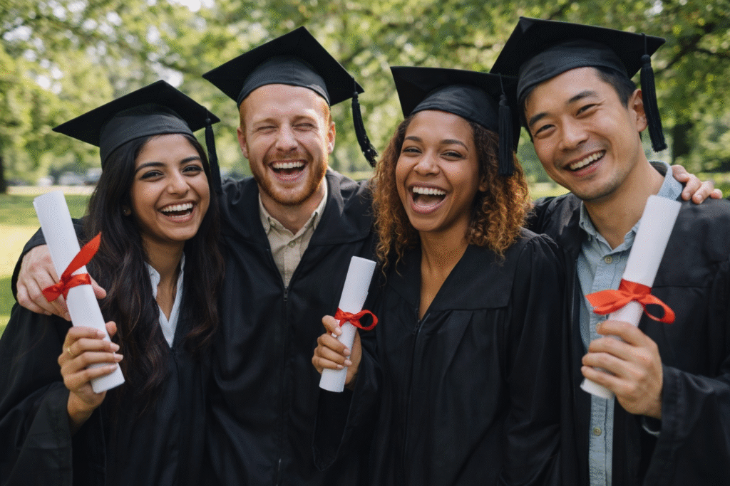 Diverse international graduates outdoors, informal, relieved.