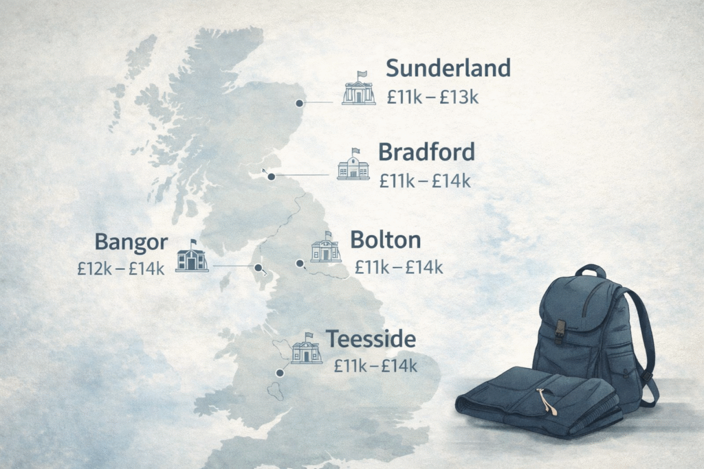 Cheapest university in UK for international students highlighted on a UK map with low-cost study cities