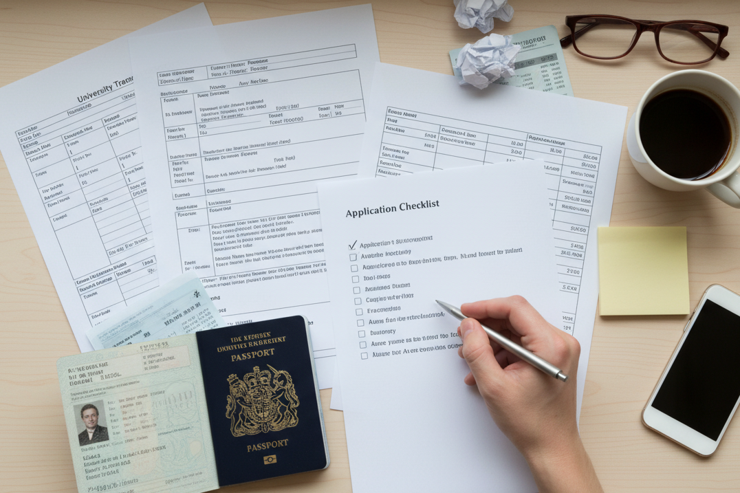 Essential documents required for Masters in UK application including academic transcripts, English test scores, passport and financial statements
