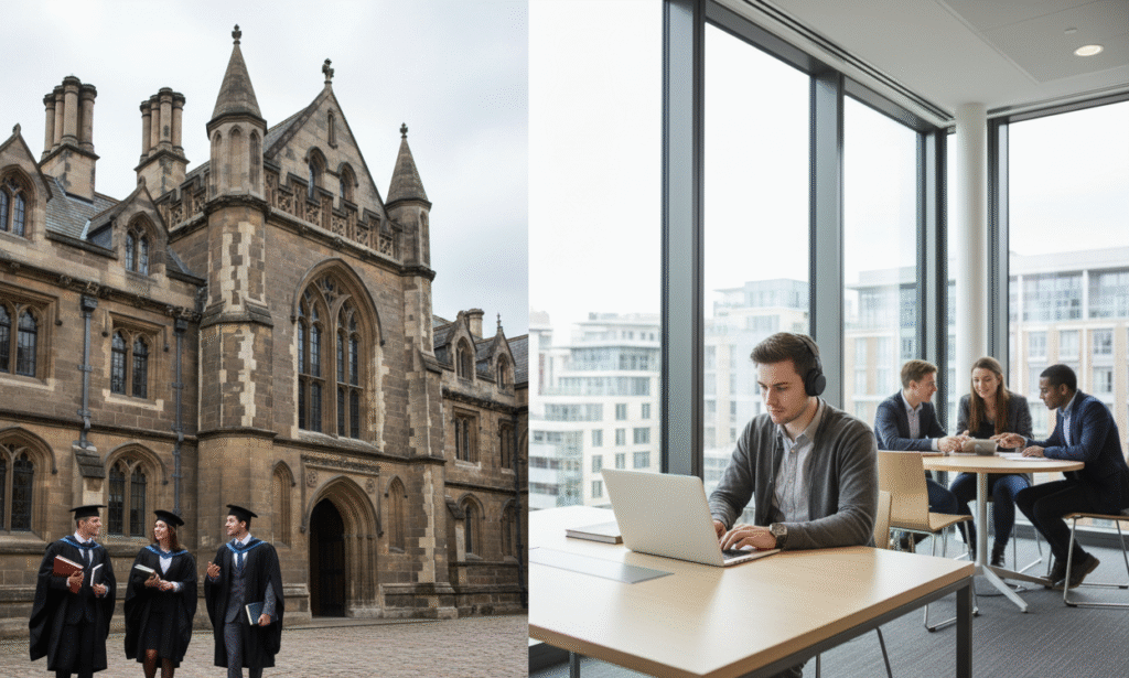 Traditional UK university architecture alongside modern postgraduate students studying for Masters degrees in contemporary learning spaces