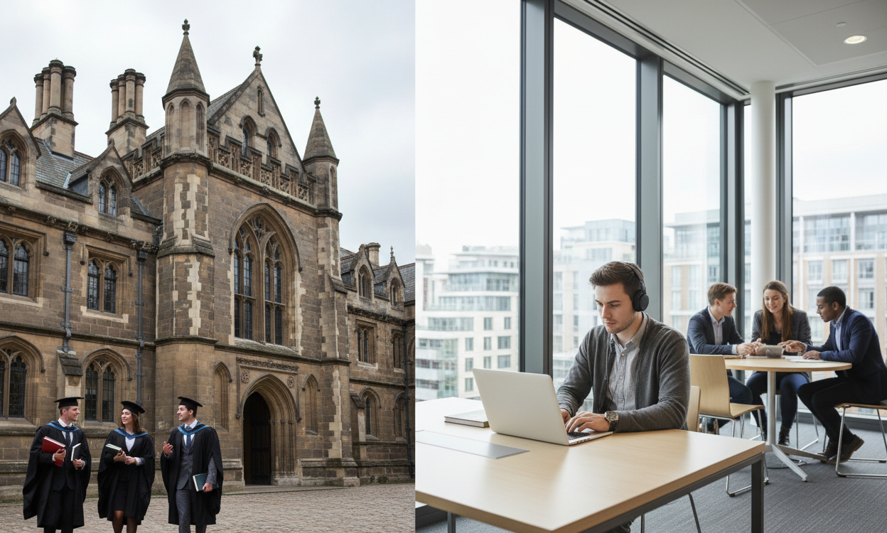 Traditional UK university architecture alongside modern postgraduate students studying for Masters degrees in contemporary learning spaces