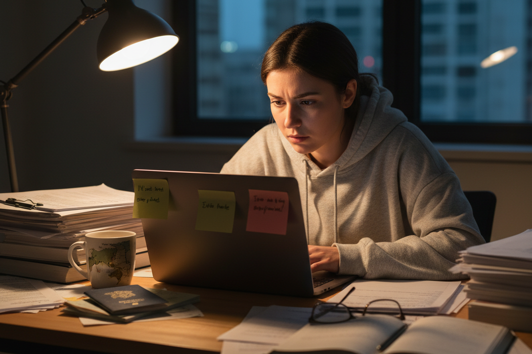 An international student completing a UK student visa application and looking for Education Consultants late at night with documents and a passport