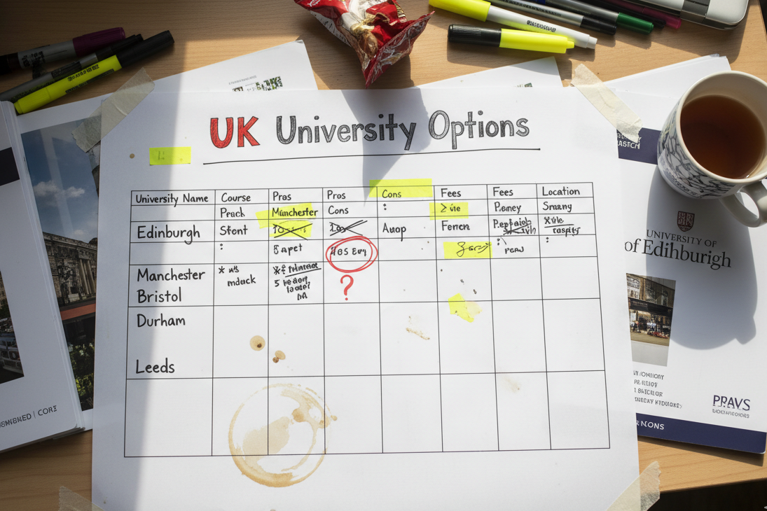 Handwritten comparison chart showing UK university options with pros and cons for education decision making