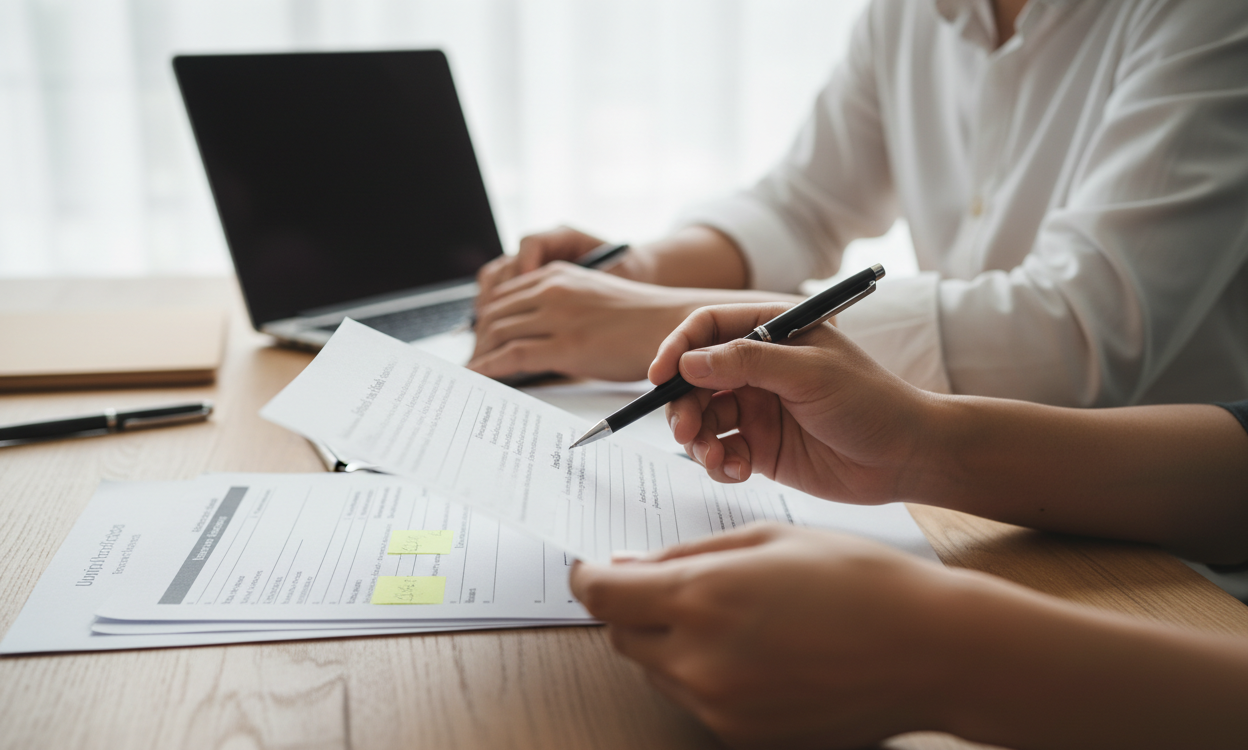 Education consultant reviewing UK university application documents with student