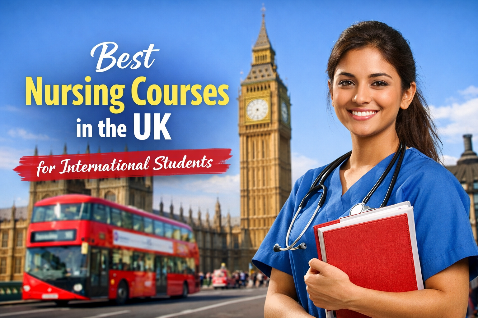 Best nursing courses in the UK for international students featured image showing nursing student with London background and NHS theme