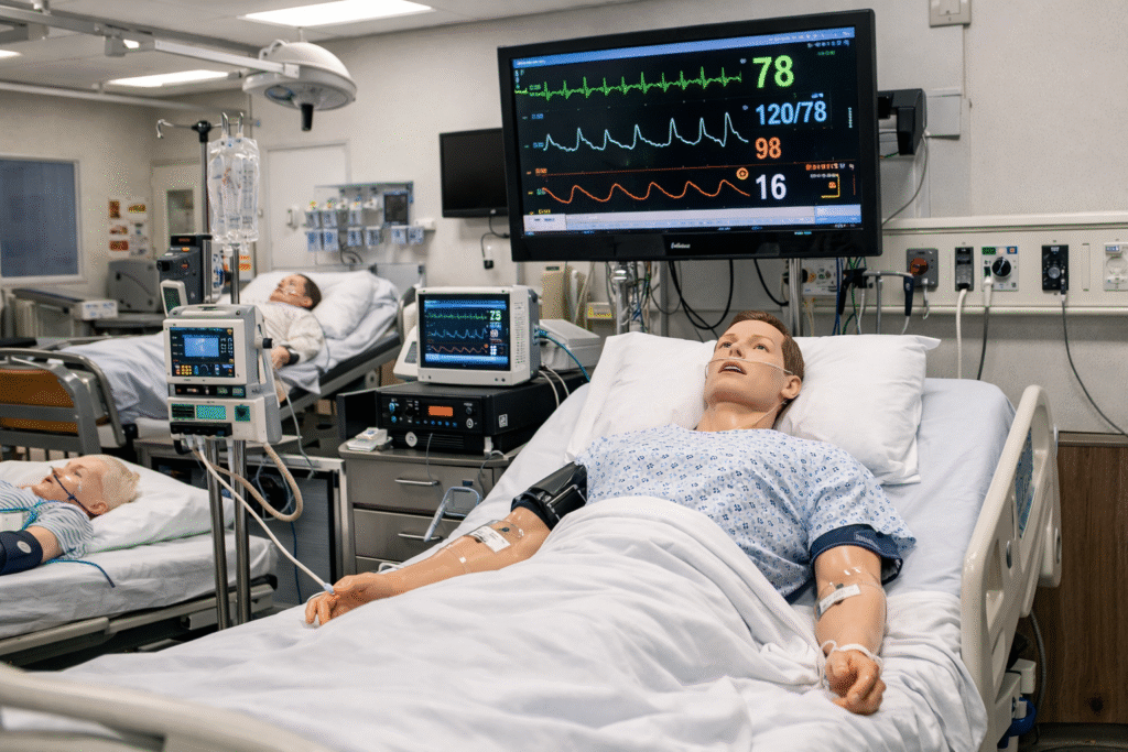 UK university nursing simulation lab with high tech medical mannequins, patient monitors, and clinical training equipment for nursing students