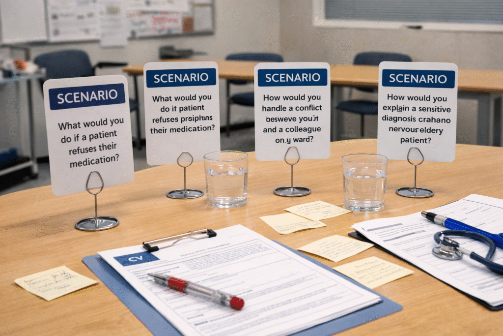 Mock nursing interview setup with scenario question cards, CV clipboard, and assessment table for nursing course admissions preparation