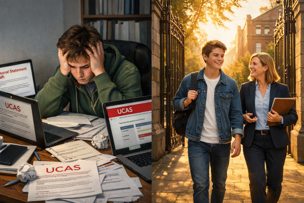 Education consultant guiding international student through UK university admission process