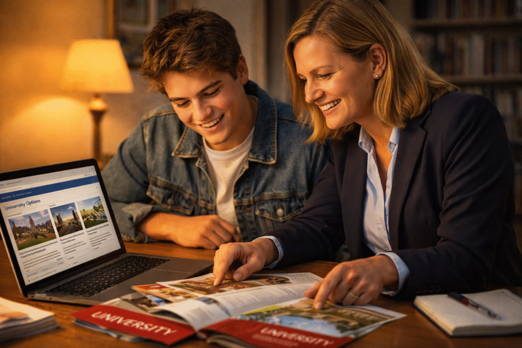 Study consultant reviewing UK university course options with an international student