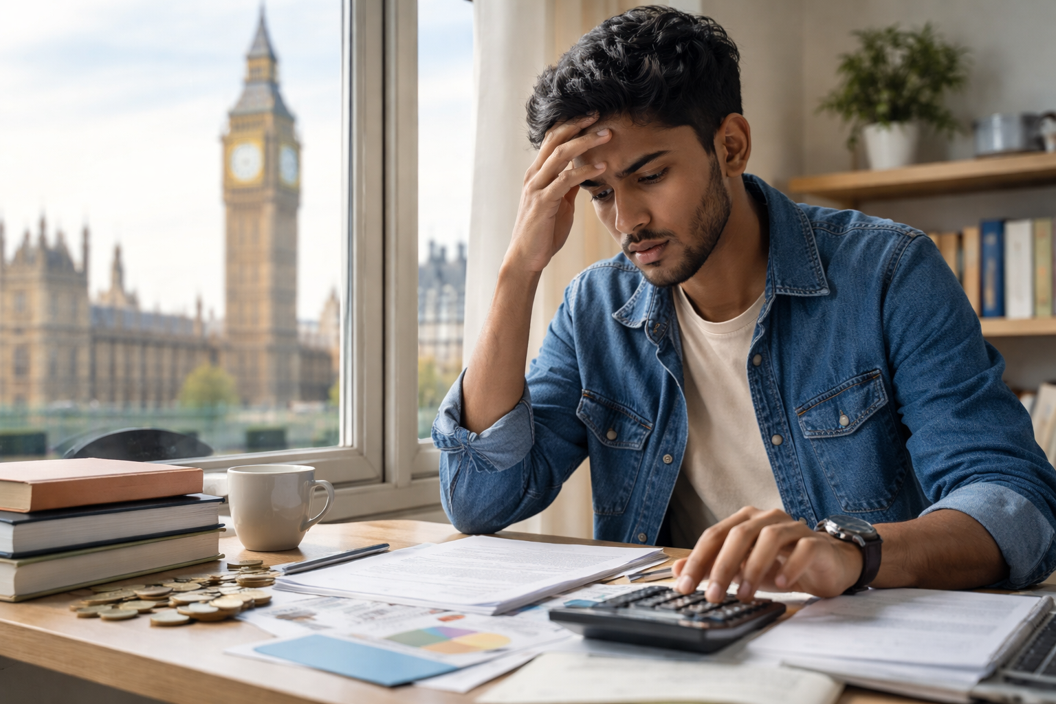International student reviewing master's degree costs and financial planning for UK universities with London landmark visible in background
