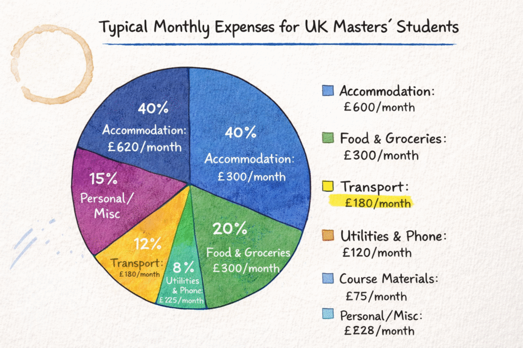 Realistic monthly budget breakdown for international students pursuing master degree in UK showing accommodation food and living expenses with percentage allocations