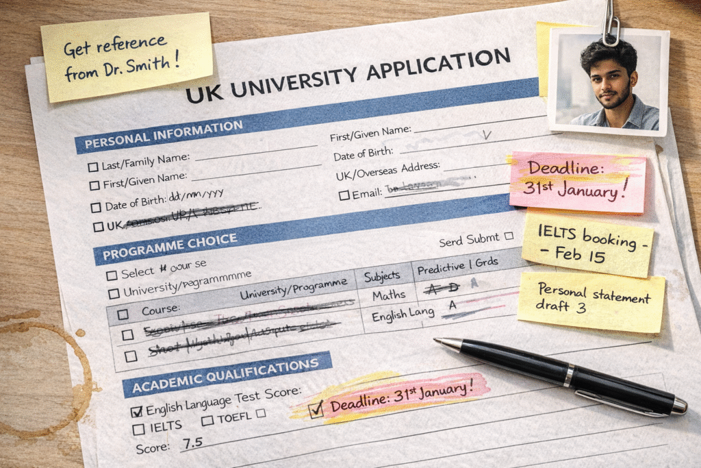 Realistic UK master's degree application materials showing entry requirements checklist and student notes for postgraduate admission with sticky note reminders